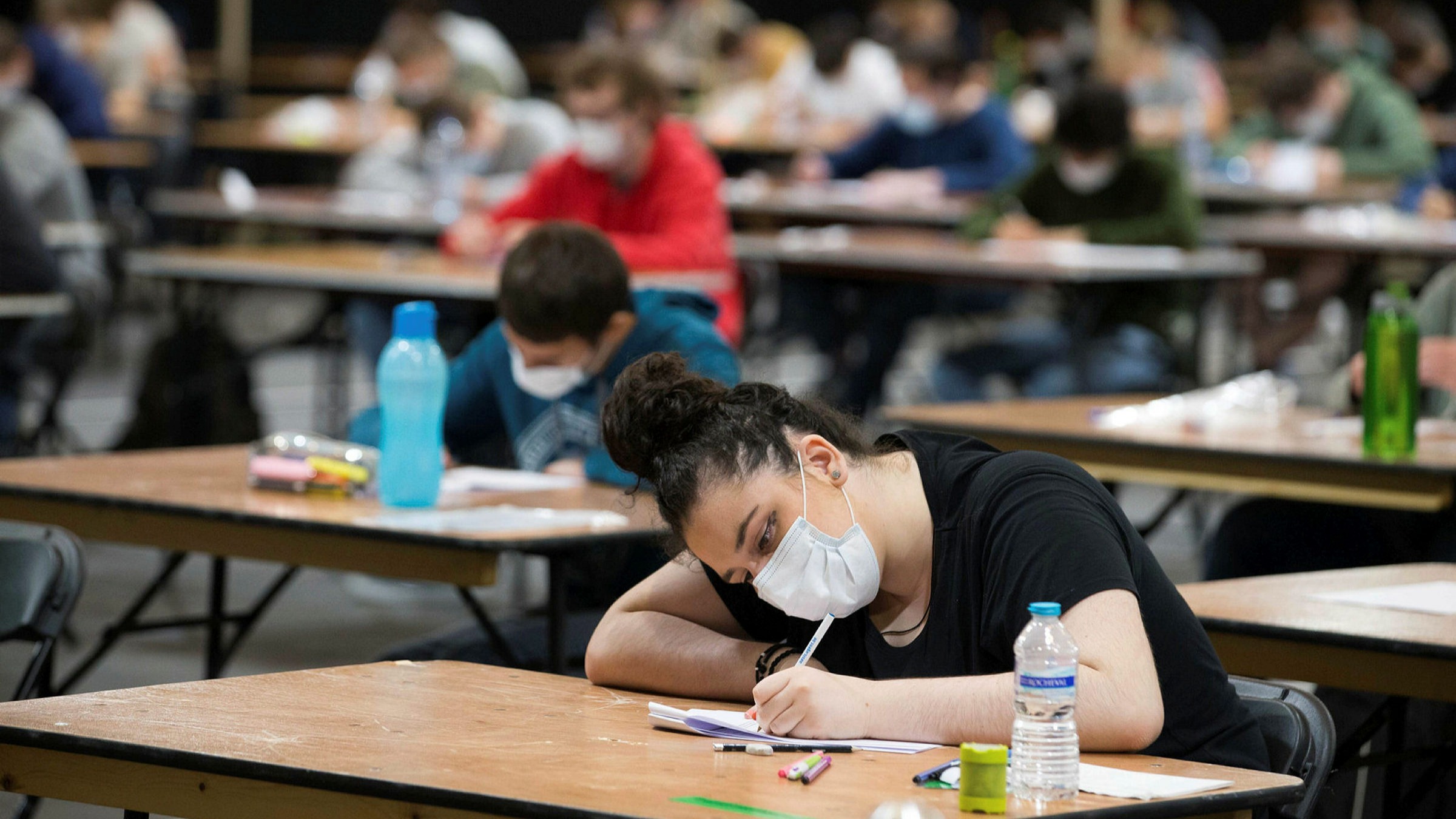 Students wearing face masks take part in an exam in Ghent, Belgium, on Monday © Nicolas Maeterlinck BELGA/AFP